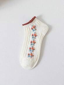 5 Pairs Women's White Socks, Lightweight Spring/Summer, Textured Floral, Letter, Heart Prints, Cute & Elegant, Soft & Breathable Casual Ankle Socks - White - View 11