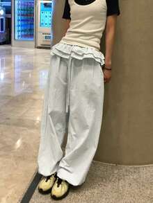韩版INS风褶裥竖条纹荷叶边抽绳阔腿休闲裤 春季 - 藍色 - 查看 5