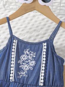 Girls Embroidered Blue Sleeveless Knee-Length Casual Dress, Summer - Blue - View 2