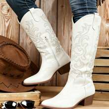 Women's Cowboy Boots, High-Top Western Cowboy Boots, Embroidered Women's Boots, Leather Boots, Vintage Western Boots, Pointed High-Heeled Women's Boots, Cowboy-Style Embroidered Boots, Mid-Heeled Cowboy Boots, Fashionable Western-Style Boots, Cowhide Embroidered Boots - 白色加厚 - 查看 5