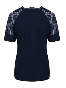 Summer Women Slim Fit V Neck Button Top Sexy Hollow Lace Short Sleeve T-Shirt Fashion Solid Pullover Office Ladies Tee Shirt Streetwear Party - 藏蓝色 - 查看 3