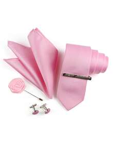 ZONFAZ 5pcs/Set Men's Business Formal Tie & Handkerchief & Cufflinks & Lapel Pin & Tie Clip Combo Suit, Wedding & Party Essentials,Accessories,Festival,Graduation Gift,Accessories - Baby Pink - View 5