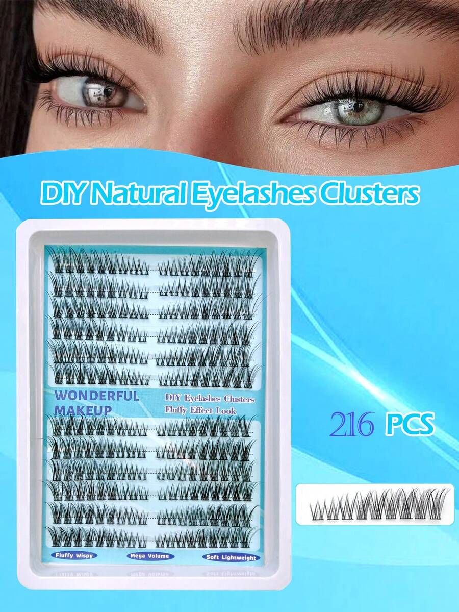 3D貓眼DIY接睫毛，216簇自然假睫毛，細簇睫毛，左右狐狸眼睫毛，自然外觀，易於佩戴，可重複使用，舒適輕盈，提供沙龍級捲翹與豐盈效果 |化妝工具|
