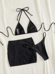 PEPPERMOLLY 2026 女士三件套黑色比基尼套装，适合夏季海滩穿着 - 纯色挂脖上衣、比基尼泳裤和装饰裙，性感迷人，是度假和泳池派对的理想之选 - 黑色 - 查看 5