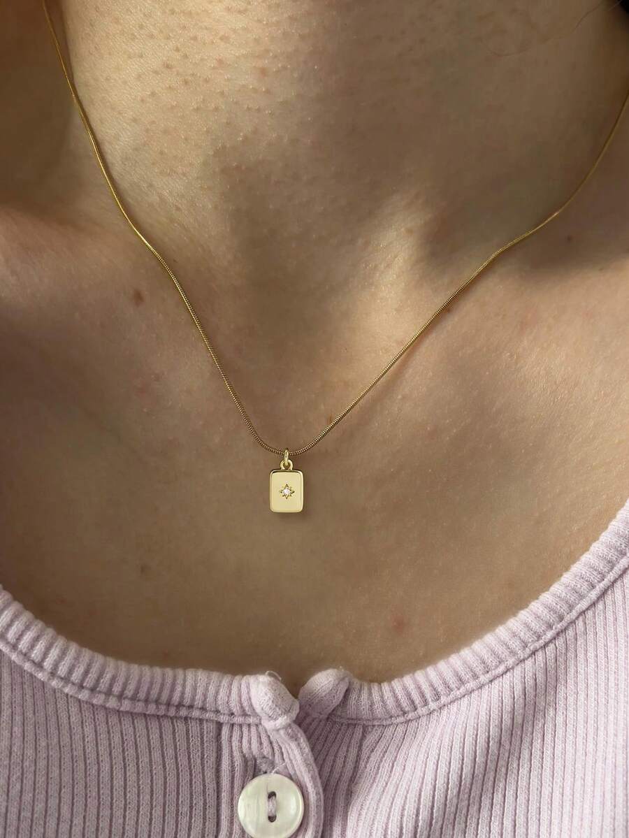 1 pieza Collar colgante de mujer, estilo minimalista y por capas, colgante de acero inoxidable con circonita cúbica en forma de sol, accesorio versátil para uso diario y como regalo - Amarillo Oro - Ver 1