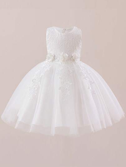 Girls' Solid Color Lace Special Performance Princess Dress, Short Skirt For Wedding, Hosting, Festival, Party, Piano Recital, Elegant Girls' Embroidered Floral Sleeveless Vest Tulle Dress, Young GirlDance Recital Dress, Birthday Party Knee-Length Dress