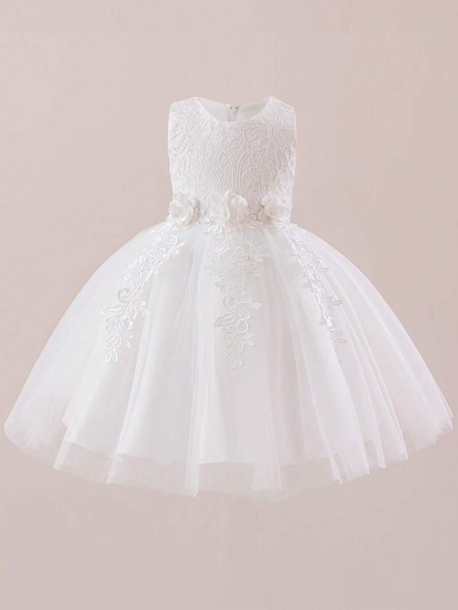 女童纯色蕾丝特别演出公主裙，短裙，适合婚礼、招待会、节日、派对、钢琴演奏会等场合；优雅女童刺绣花卉无袖背心薄纱连衣裙；少女舞蹈表演礼服；生日派对及膝连衣裙