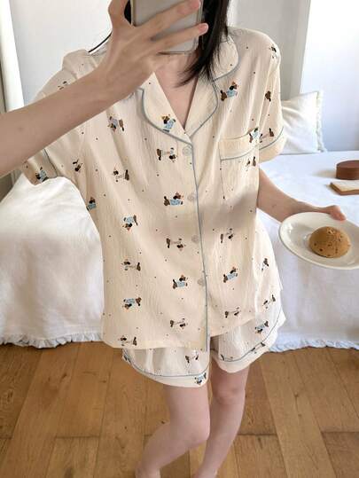 2件套女士波点纹理翻领睡衣，纽扣休闲短袖短裤睡衣套装，适合春夏穿着