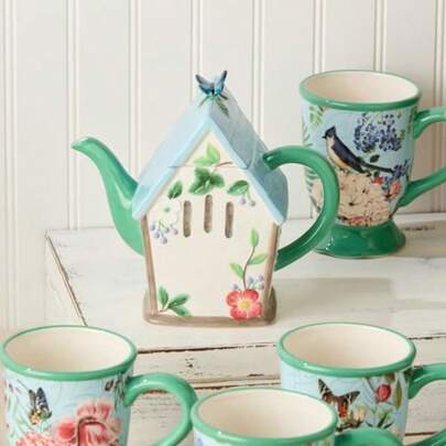 3s-Birdhouse Teapot 32-Ounce Hand-Painted Ceramic Teapot With Pastel Floral And Butterfly Design Ideal For Tea Serving Ho And Decorative Kitchen Dis