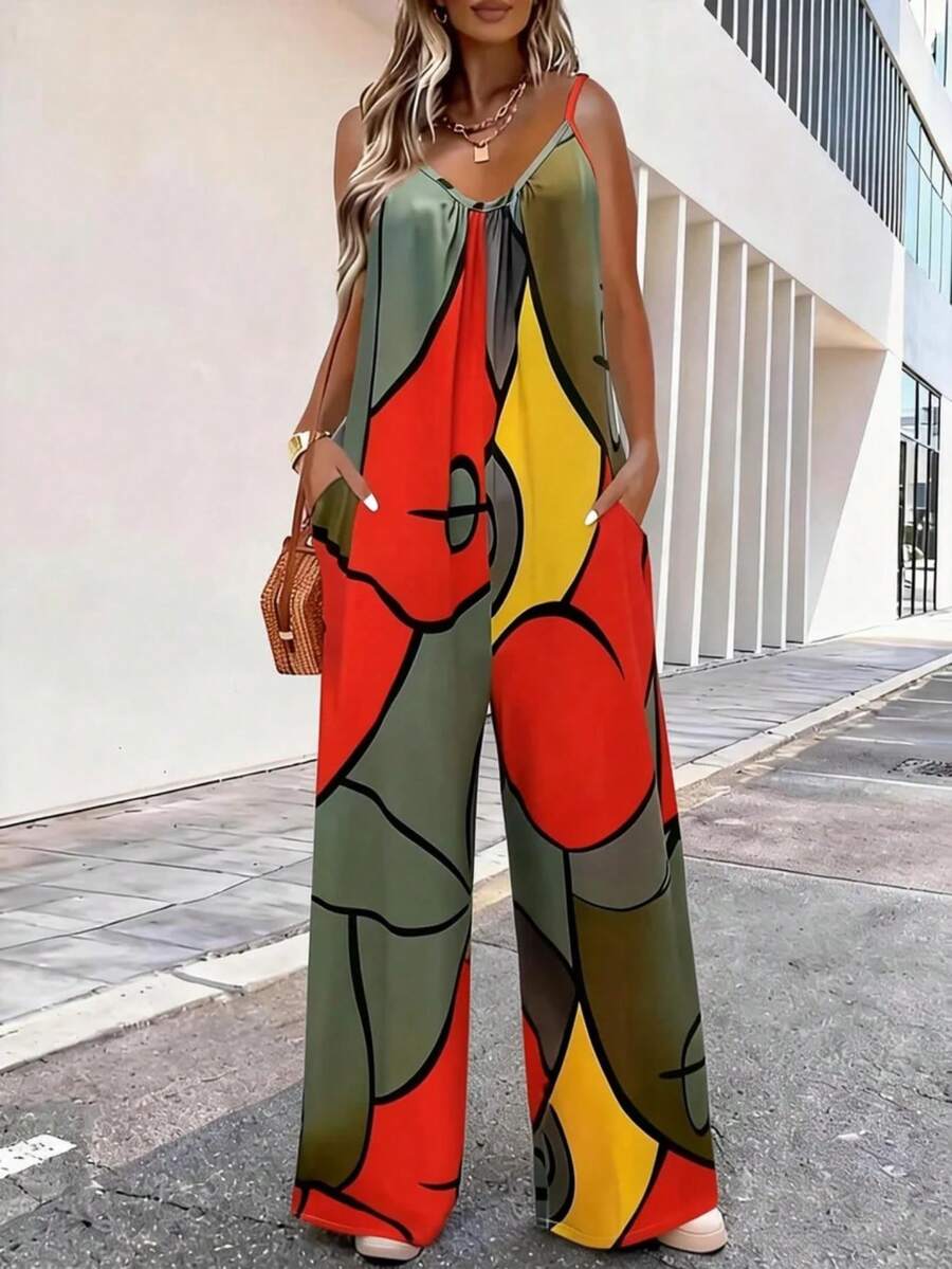 Women's Abstract Print Jumpsuit: Elegant V-Neck Sleeveless Boho Romper With Pockets. Lightweight Stretch Fabric For Beach Vacation, Garden Party, Summer Wedding Guest, Or As A Chic Mother's Day Gift - 混合色2 - 查看 1