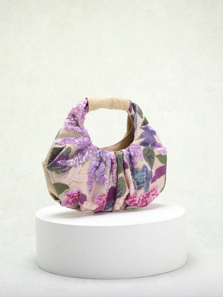 SCULPTEDSTYLE 包包 1 件装 彩色 PVC 亮片撞色网纱刺绣花叶图案云朵褶皱手提包，时尚夏季度假风女包（花卉图案随机发送） - 淡紫色 - 查看 3