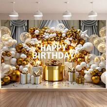 1pc Birthday Party Backdrop Banner, Gold And White Birthday Wishes Balloon Arch With Exquisite Gift Box And Confetti - Elegant Party Decorations For Birthday Celebrations, Birthday Party Supplies, Birthday Background Decorations, Indoor And Outdoor Decorations, Outdoor Party Decorations, Celebration Decorations, Birthday Supplies. - Multicolor - View 8
