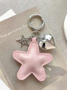 1 pieza Llavero unisex de estrella de pentágono de unicolor nuevo, colgante de estrella acolchado de PU, accesorio minimalista con corazón pequeño, regalo de pareja, accesorio de bolso, esencial de viaje, Kawaii - Rosa Pálido - Ver 3