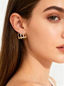 1pair Fashionable Multi-layered Geometric Arc-shaped Earrings With Four Claw Set Rhinestones For Women - Yellow Gold - View 3