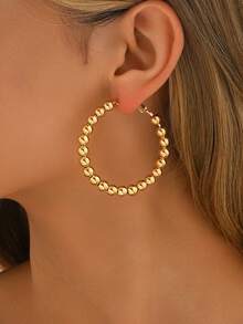 1 Pair Bohemian Style Metal Beaded Hoop Earrings, Geometric Circle Earrings For Women, Elegant Accessory For Holiday, Beach - Gold - View 8
