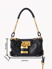 Dedoo 复古风小众时尚百搭独特复古挂锁手提包、托特包、单肩包、腋下包，街头风必备单品 - 黑色 - 查看 5