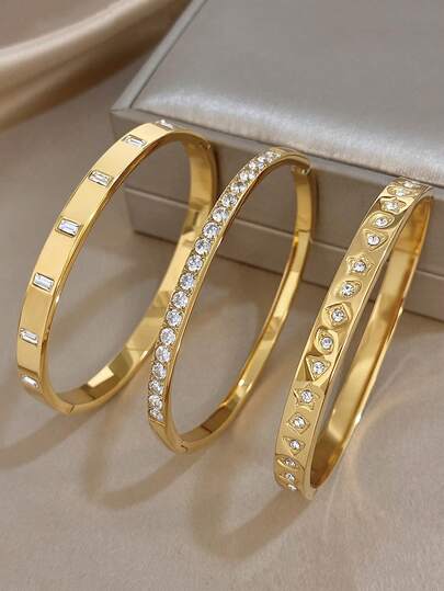 Luxury Crystal Plated Gold Bracelet, Stainless Steel Bracelet Set For Women, Everyday & Party Jewelry, Christmas Gift