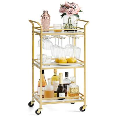 VASAGLE Carrito de 3 Niveles, Carro de Cocina Dorado, para Espacios Pequeños, con Ruedas, con Pasamanos, Cocina, Comedor, Baño, Salón, Bar, Dorado Pálido