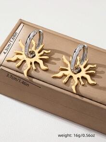 1 Pair Fashionable Elegant Gold Metal Sun Pendant Earrings, Retro Contrasting Color Jewelry For Women, Suitable For Daily Wear, Vacation, Party - Gold + Silver - View 5