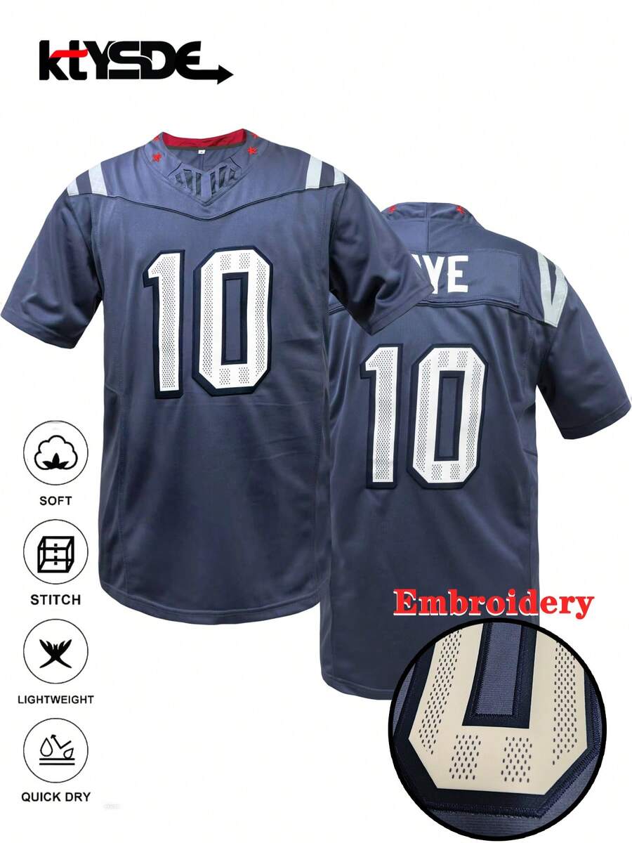 KTYSDE Men's #10 Grey American Football Jersey, New England Classic Embroidered Jersey, V-Neck Loose Short Sleeve Sports Football Shirt, Suitable For Casual Daily Wear, Match Training And Street Hip-Hop Style, Valentine's Day Gift, Unisex - Grey - View 1