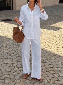 PoPoHouse 女士两件套 - 纯色棉质休闲优雅长袖翻领衬衫上衣搭配宽松阔腿裤，适合日常通勤、休闲旅行、情人节、春夏休闲女装，白色套装 - 白色 - 查看 11
