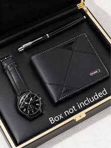 3 PiecesLuxury Business Watch Set For Men, Including 1 Black Leather Strap Quartz Watch (Roman Numeral Dial), 1 Black Embossed Wallet, And 1 Business Ballpoint Pen. The Overall Design Is Simple And Elegant With Outstanding Quality, Suitable For Wearing With A Suit.