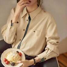Women's Casual Commuter Striped Front Button Long Sleeve Shirt, Autumn Spring - Apricot - View 3