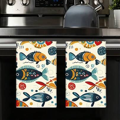 2pcs Cartoon Fish Kitchen Towels, Super Absorbent Kitchen Dishcloths, Dish Drying Rags, Cleaning Cloths, Soft Material, Machine Washable, Multifunctional Holiday Decor, Birthday Gifts For Family & Friends, Suitable For Cooking, Baking, Cleaning, Bathroom, Tabletop Decor - Perfect Home Decoration Choice.