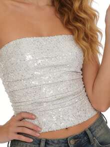 Women's Sequin Slim Tube Tops Solid Shiny Strapless Bandeau Ruched Slim Fit Cropped Vest - Grey - View 2