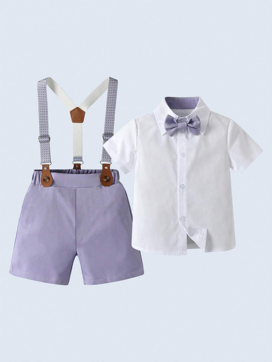 BOARNSEORL 2pcs Baby Boys Gentleman Outfit, Shirt With Bow Tie And Purple Suspender Pants, Fashionable & Cute For Birthday Party, Wedding, Christening - Purple - View 1