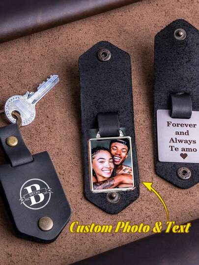 1pc Personalized Men's Accessory - Leather Photo Keychain, Customized Gift For Him, Men's Keychain, Creative Men's Gift, Unique Photo Gift For Him