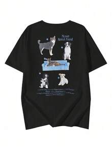 女士宽松圆领短袖T恤，印有小狗字母图案，春夏款 - 黑色 - 查看 4