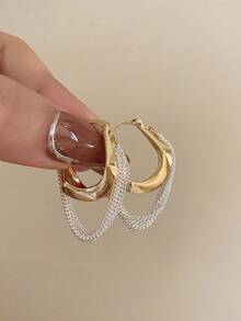 1 Pair Metal Tassel Hoop Earrings, Fashionable Casual Everyday Wear Earrings For Women - Gold - View 3