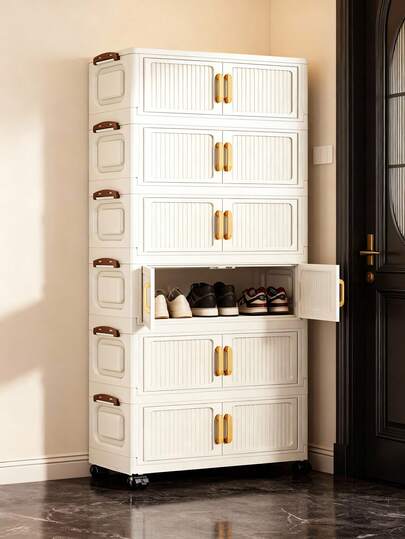 50cm/19.69 Inch Wide Folding Storage Cabinet, 1-6 Layers Optional, Thickened Double Door With Wheels, Freestanding Storage Rack For Home, Organizer For Clothes, Toys, Plastic Folding Storage Cabinet, Wardrobe, Kitchen Storage Rack, Portable Closet, Collapsible Shoe Cabinet, Drawer-Style Storage Cabinet