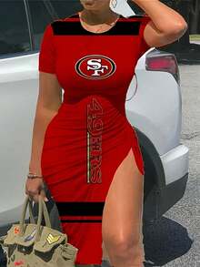 San- Francisco 49ers Sexy Womens Short Sleeve Bodycon Midi Dress With Slit Ruch-2 - 彩色 - 查看 1