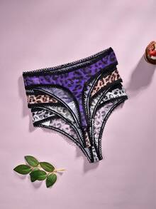 3pcs Women's Thong Panties, Black Leopard Print, Waist Ruched Scalloped Hem, Sexy Seamless Underwear - Black - View 2