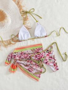 Onefish 2026 女士比基尼套装，优雅印花挂脖系带性感比基尼套装，女士度假装，女士泳装，夏季，女士夏季套装，2026 夏季女士沙滩比基尼，夏季服装，沙滩度假装扮 粉色 - 粉色 - 查看 3