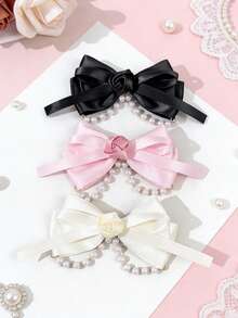 1个玫瑰花蝴蝶结发夹，女孩珍珠流苏复古甜美侧夹，时尚发饰 - 彩色 - 查看 1