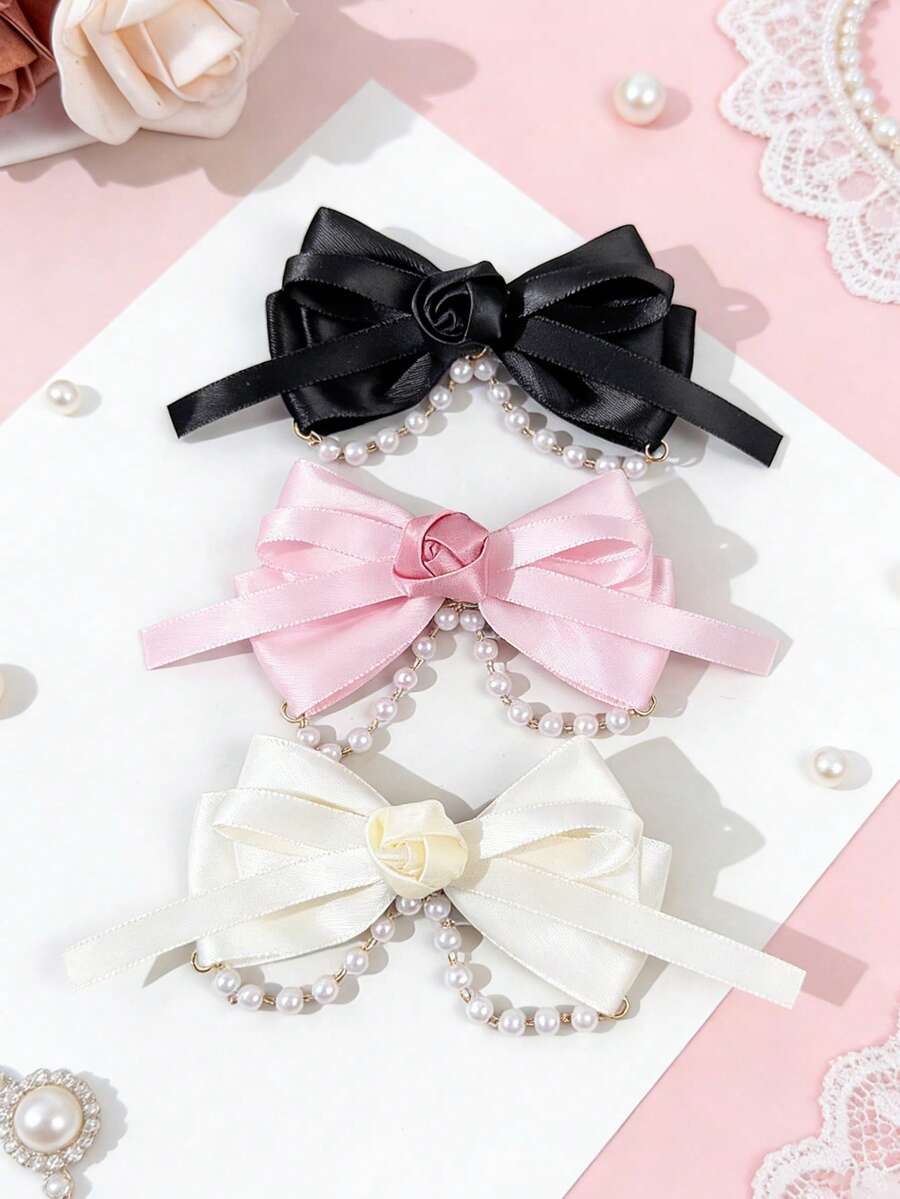 1个玫瑰花蝴蝶结发夹，女孩珍珠流苏复古甜美侧夹，时尚发饰 - 彩色 - 查看 1