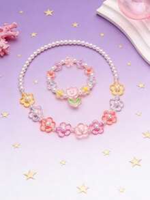 طقم مجوهرات من سوار وقلادة بخرز متعدد الألوان على شكل زهور - تعيين - مشاهدة 2