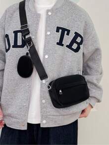 2个复古硬币图案男士斜挎包，可调节肩带，几何印花PU皮革休闲斜挎包，带拉链口袋，适合徒步旅行、户外活动、度假，送给丈夫或男友的礼物 - 黑色 - 查看 5