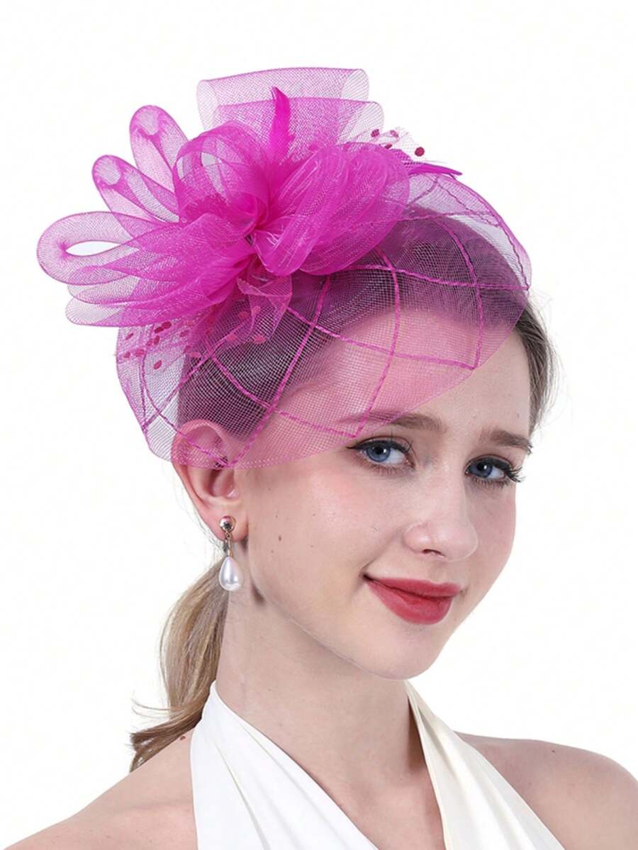 1 Peça Fascinadores Chapéus para Mulheres Chapéu Pillbox Anos 20, 30 e 50 Chapéu Vintage Cartola Flor Véu Chapéu de Chá de Casamento - Pink - Visão 1