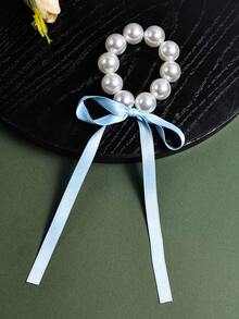 1/4 件装 女孩大号仿珍珠丝带蝴蝶结发圈，可爱新款丝带蝴蝶结流苏发绳发圈，优雅珍珠马尾辫发饰，适合节日派对和日常使用 - 彩色 - 查看 11