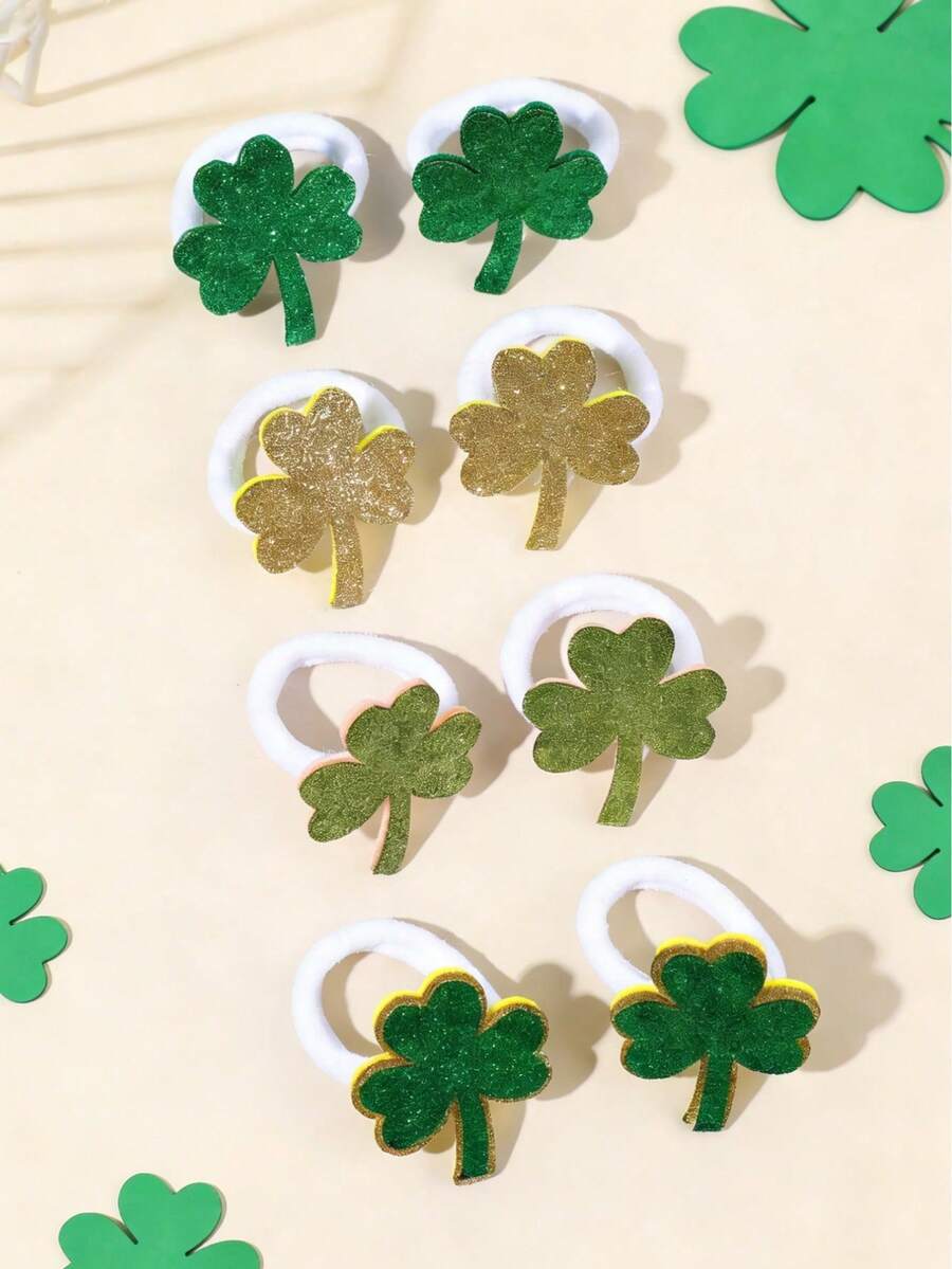 8个圣帕特里克节绿色闪光三叶草发圈，金色和绿色幸运三叶草弹力发绳，闪亮发饰，适合节日派对、圣帕特里克节礼物、青少年 - 查看 1