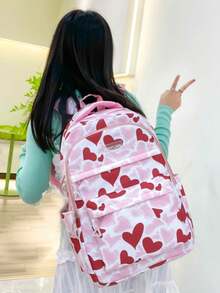 New Stylish Multi-Functional Large Capacity Heart Print Retro Casual Multi-Pocket Backpack Set, Suitable For Various Occasions - Pink - View 2