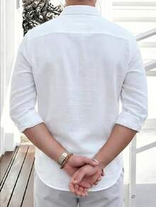 LOOKUN Men's Spring/Summer Shirt, New Cotton Long Sleeve Embroidered Casual Shirt, Navy Blue - White - View 2