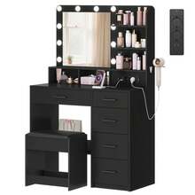 HEXCELEN Dressing Table With 10 LED Lights, Stool, Vanity Table With Large Mirror, Dressing Table With Power Outlet, Hairdryer Holder, And Several Drawers, Black - Phích cắm loại F của EU (220-240V) - Xem 8