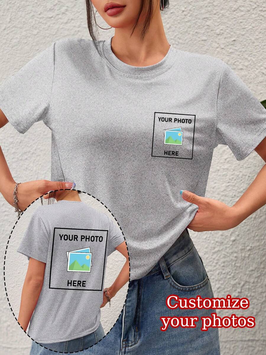 Camisetas Personalizadas para Mulheres - Adicione Suas Fotos (Paisagem/Emblema/Fotos de Casal/Fotos de Família/Selfies/Animais de Estimação), Impressão Dupla Face, Perfeito para Viagens de Verão, Presentes para Namorada, Moletons Femininos, Tops Personalizados para Mulheres. - Cinza Claro - Visão 1
