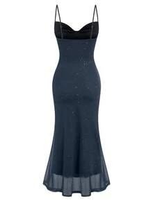 优雅闪亮网纱长裙，适合情人节鸡尾酒会、约会之夜、春夏穿着 - 藏蓝色 - 查看 7