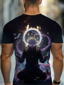 Men's 3D All-Over Print Anime & Cosmic Meditation T-Shirt - Short Sleeve Summer Casual Tee With Full-Body Space Art, Lightweight Durable Black Polyester Shirt For Gym, Relaxation, Or Casual Attire - 黑色 - 查看 2